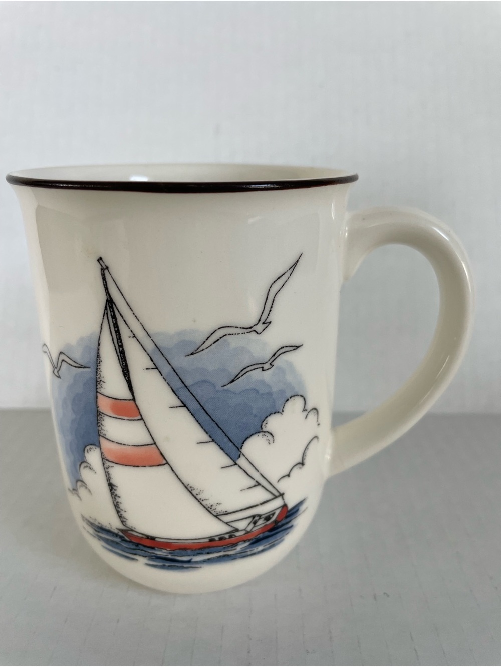 Oragiri Sailboat Coffee Cup Mug Red White Blue Seagulls Vintage Coastal